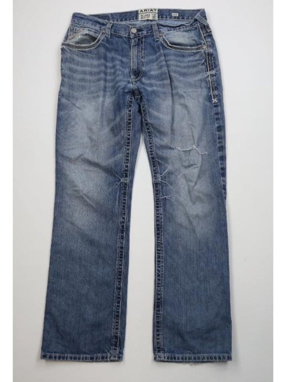Ariat M4 Relaxed Boot Cut Mens 34x34 Distressed Thick Stitch Wide Leg Jeans